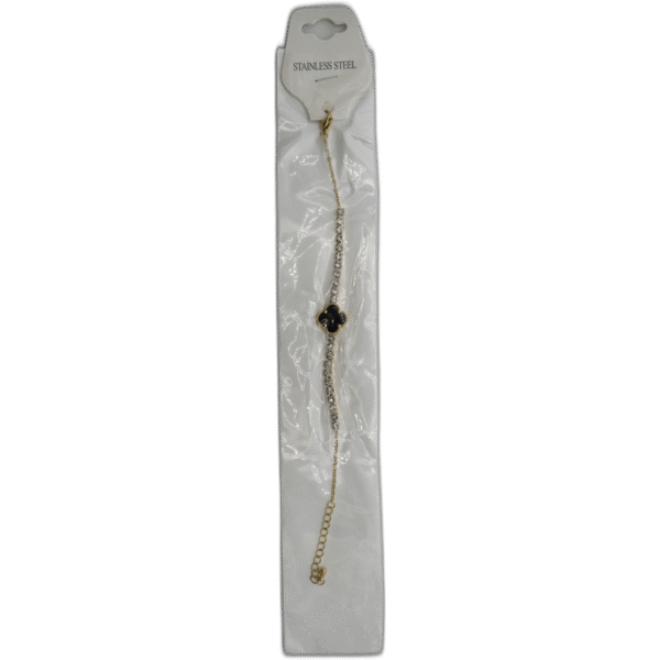 Zlatý náramek z nerezové oceli s černým čtyřlístkem a kamínky - Obrázek 1