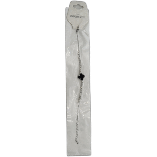 Stříbrný náramek z nerezové oceli s černým čtyřlístkem a kamínky - Obrázek 1