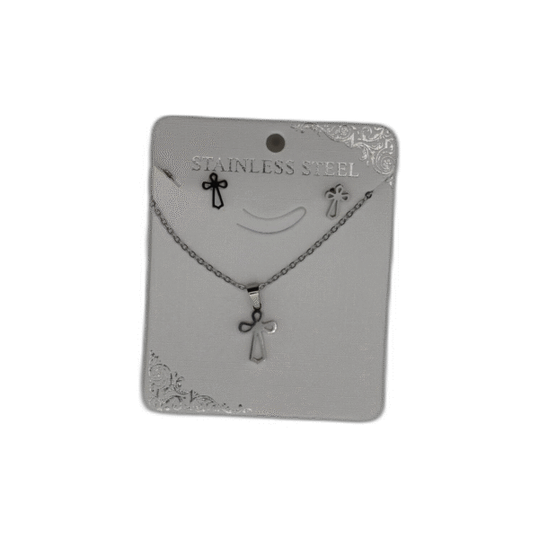 Stříbrný set náhrdelník + náušnice z nerezové oceli s křížem - Obrázek 1