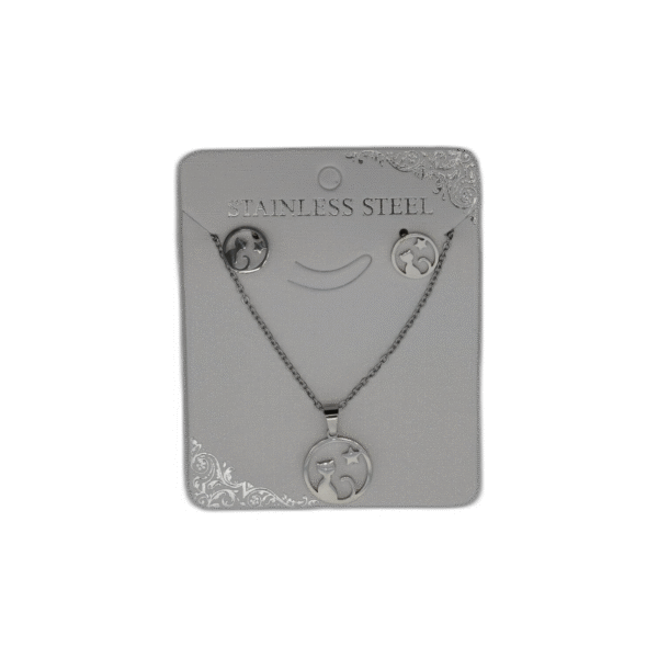 Stříbrný set náhrdelník + náušnice z nerezové oceli s kočkou na měsíci - Obrázek 1