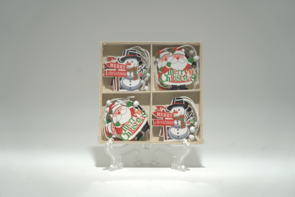 Vánoční dřevěná závěsná dekorace se Santou a sněhulákem Merry Christmas - Obrázek 1