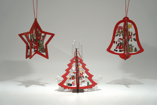 Vánoční dřevěná závěsná dekorace variace- červený hvězda zvoneček stromeček - Obrázek 1